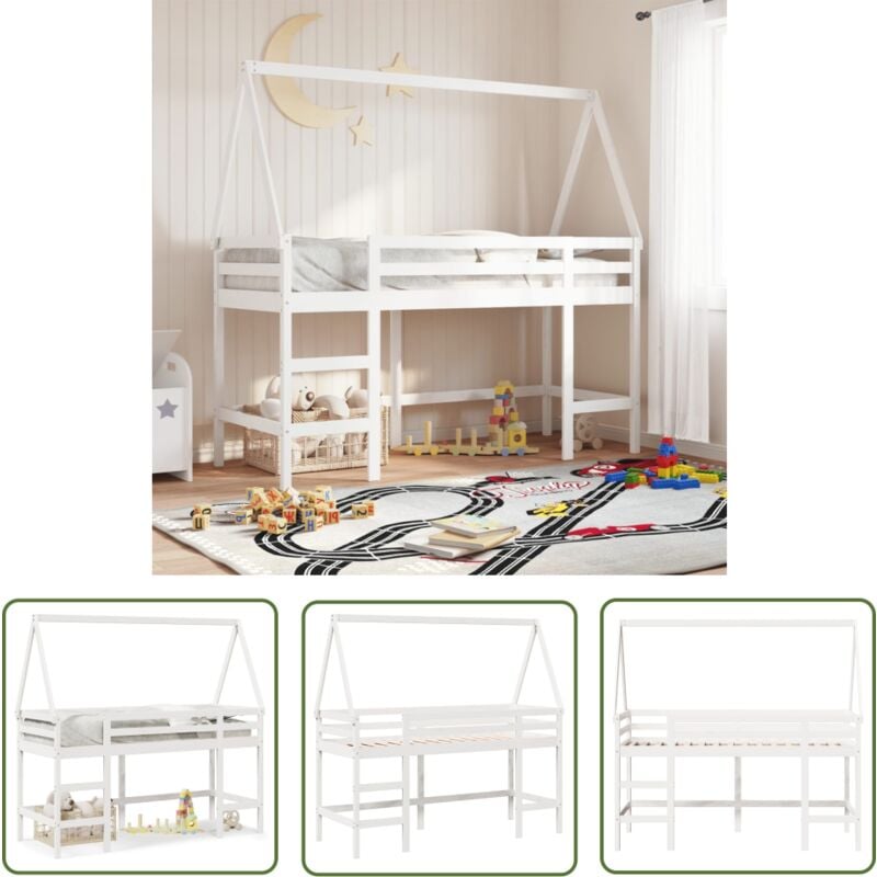 The Living Store - Lit superposé avec échelle et toit sans matelas blanc 90x200 cm - Lit Mezzanine Enfant - Lit Plateforme - Meuble Design Enfant