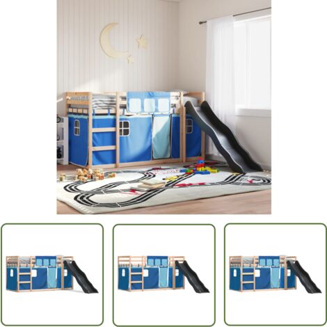 The Living Store Lit superposé sans matelas avec toboggan et rideaux 90x190 cm - Lit Superpose - Lit Enfant - Lit Mezzanine - Lit Design - Lit Bois