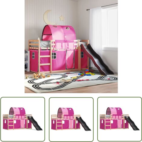 The Living Store Lit superposé sans matelas avec toboggan et rideaux 90x190 cm - Lit Superpose - Lit Enfant - Lit Mezzanine - Lit Design - Lit Fun