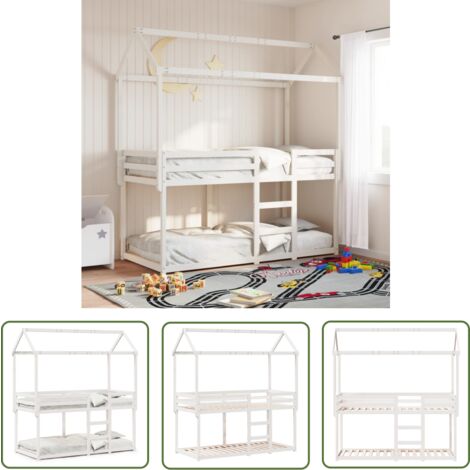 The Living Store Lit superposé sans matelas blanc 90x200 cm bois de pin massif - Lit Superpose - Lit Enfant - Lit Avec Toit - Lit Design - Mobilier Enfant