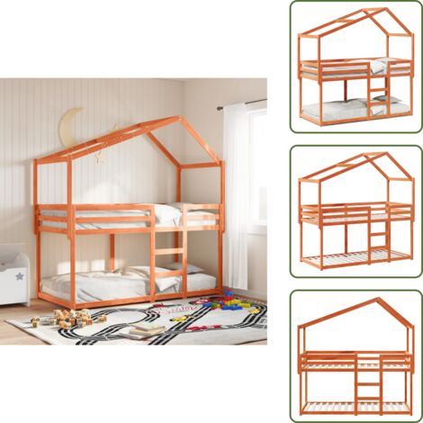 The Living Store Lit superposé sans matelas cire marron 80x200 cm pin massif - Lit Superpose - Lit Enfant - Lit Avec Toit - Lit Design - Mobilier Enfant