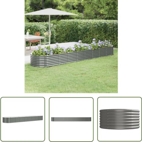 The Living Store Lit surélevé de jardin Acier enduit de poudre 368x80x36 cm gris - Jardinière Surélevée - Bac À Fleurs - Pot De Fleurs Extérieur - Décoration Jardin - Plante Grimpante