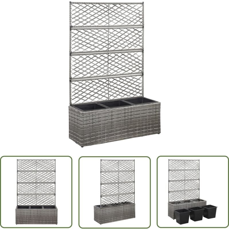 Lit surélevé en treillis 3 pots 83x30x130cm Résine tressée Gris - Jardinière En Treillis - Jardin Vertical - Plante Grimpante - Décoration Extérieure