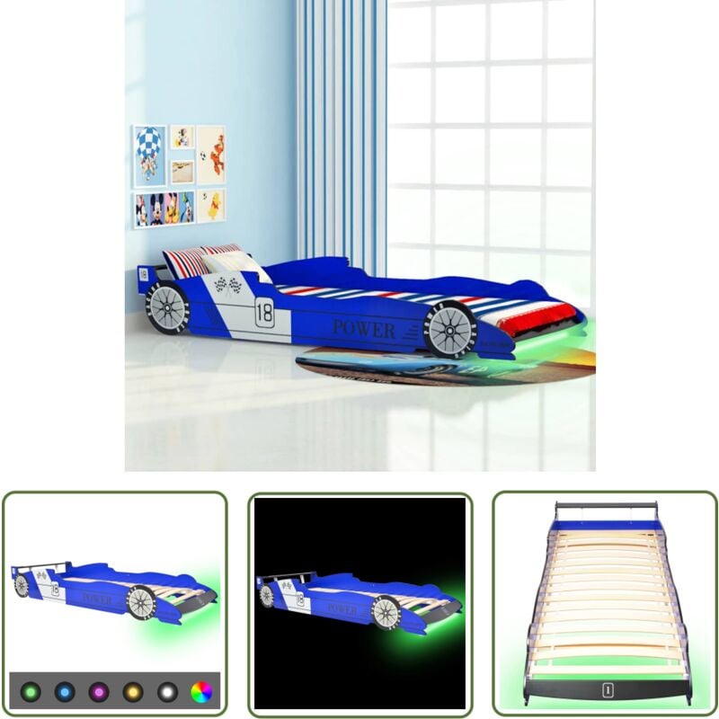 The Living Store Lit voiture de course pour enfants avec LED 90 x 200 cm Bleu - Lit Enfant - Lit Bébé - Lit Voiture De Course - Lumière Led