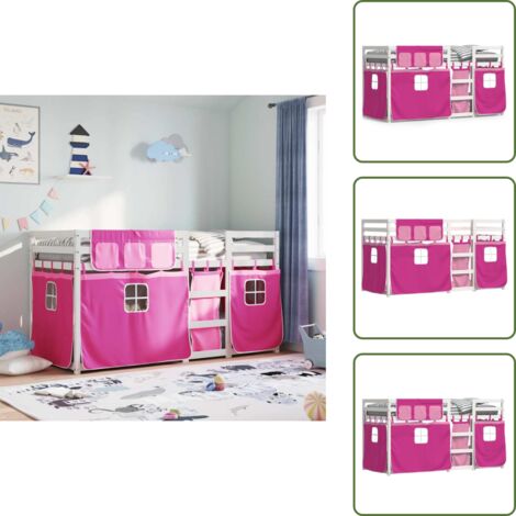 The Living Store Litera con cortinas madera maciza de pino rosa 90x200 cm - Litera para niños