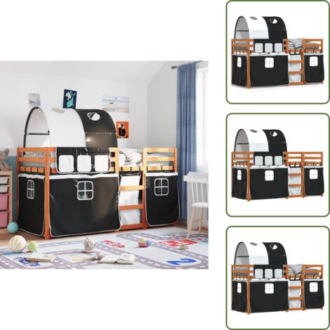 The Living Store Litera con cortinas madera maciza pino blanco y negro 80x200 cm - Litera infantil