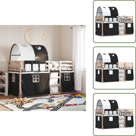 The Living Store Litera con cortinas madera maciza pino blanco y negro 90x190 cm - Litera infantil