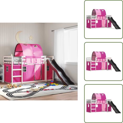 The Living Store Litera con tobogán y cortinas rosa 90x200 cm - Cama para niños