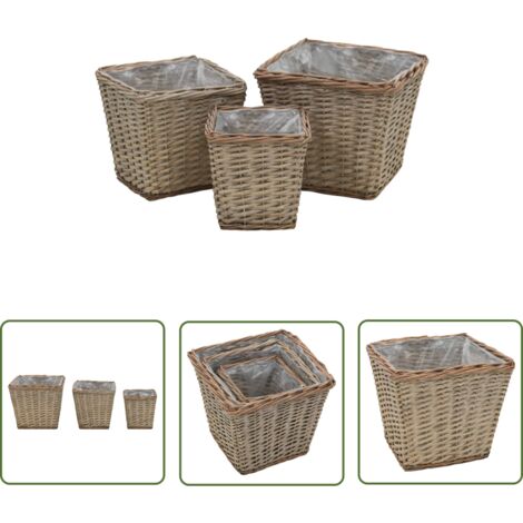 The Living Store Lits surélevés 3 pcs Osier avec doublure en PE - Jardinière En Osier - Pots De Fleurs - Bacs De Plantation - Décoration Extérieur - Jardin Vertical