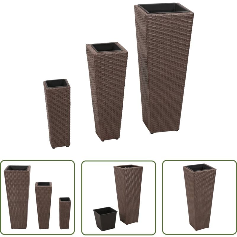The Living Store Lits surélevés de jardin 3 pcs Résine tressée Marron - Jardinières - Lit Surélevé - Résine Tressée - Décoration Extérieur - Terrasse