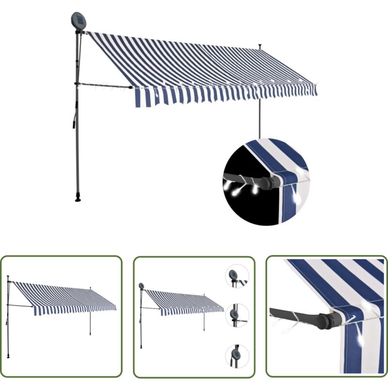 The Living Store - Auvent manuel rétractable avec led 400 cm Bleu et blanc - Auvent Retractable - Auvent Exterieur - Parasol - Abri Soleil