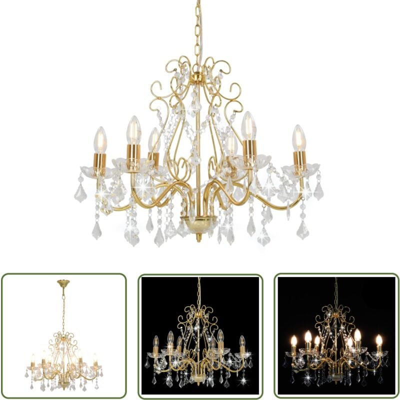 The Living Store - Lustre avec perles de cristal Doré Rond 6 x E14 - Lustres Dorés - Lustres Modernes - Luminaires Intérieurs - Lampes Suspendues