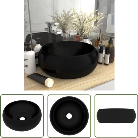 The Living Store Luxuriöses Waschbecken Rund Matt Schwarz 40x15 cm Keramik - Runde Waschbecken - Keramikwaschbecken - Matt Schwarz - Luxusbad - Aufsetzbecken