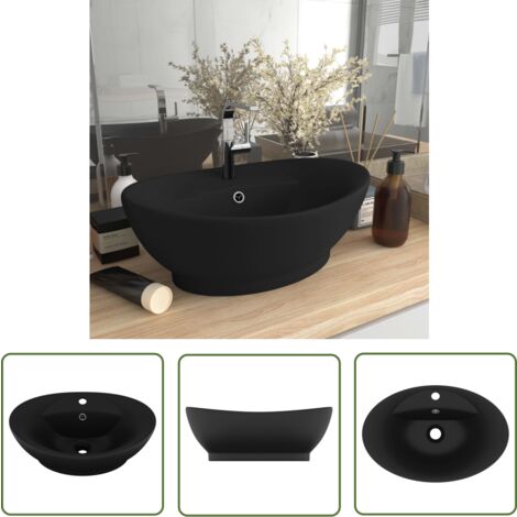 The Living Store Luxus-Waschbecken Überlauf Matt Schwarz 58,5x39cm Keramik - Ovales Waschbecken - Keramikwaschbecken - Matt Schwarz - Designer-Waschbecken - Einbauwaschbecken