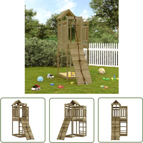 The Living Store Maisonnette de jeu avec mur d'escalade bois de pin imprégné - Maison De Jeu En Bois - Aire De Jeux Extérieur - Jouet Enfant - Jeux De Plein Air - Toboggan