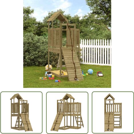 The Living Store Maisonnette de jeu avec mur d'escalade bois de pin imprégné - Maison De Jeu En Bois - Jouet Extérieur - Aire De Jeux - Jardin Enfant - Toboggan