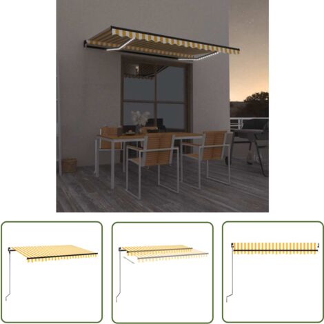 The Living Store Markise Manuell Einziehbar mit LED 450x300 cm Gelb und Weiß - Gartenmarkise - Außenmarkise - Solardach - Markisentuch Gelb Weiß - Alu Rahmen