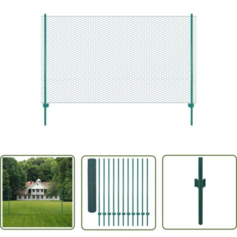 The Living Store Maschendrahtzaun mit Pfosten Stahl 25 x 1,5 m Grün - Metallzaun - Gartenzaun - Stahldrahtzaun - Sicherheitszaun - Hundezaun