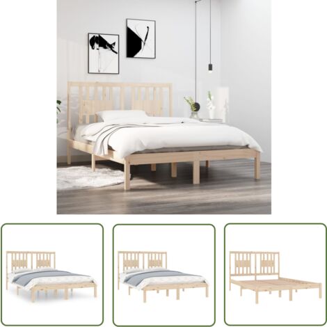 The Living Store Massivholzbett 135x190 cm - Massivholzbette - Kiefernholzbette - Doppelbett - Bettgestell - Kopfteil