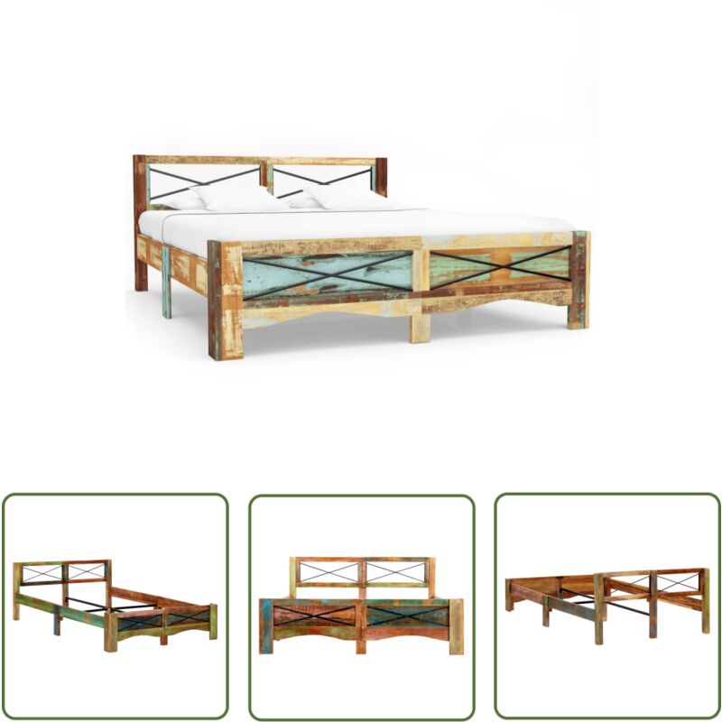 The Living Store - Massivholzbett Ohne Matratze Altholz 140x200 Cm - Holzbetten - Altholzbett - Vintage Bett - Massives Holzbett - Antik Bett