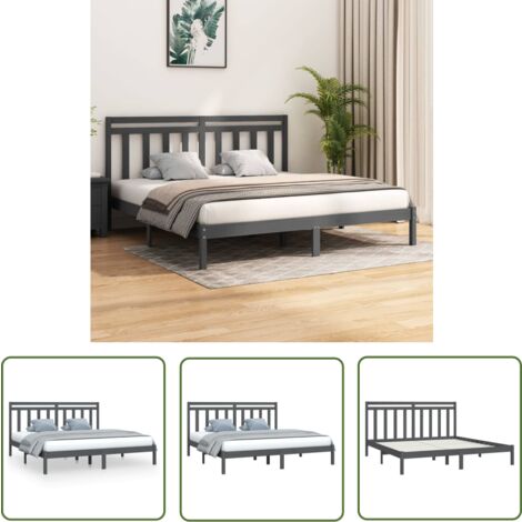 The Living Store Massivholzbett Grau 200x200 cm - Holzbett - Doppelbett - Kiefernholzbett - Massiver Bettrahmen - Bettgestell