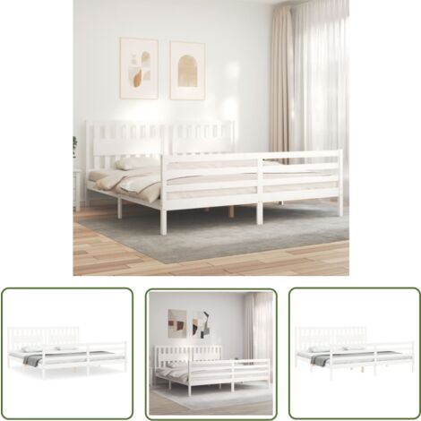 The Living Store Massivholzbett mit Kopfteil Weiß 200x200 cm - Holzbett - Massives Kiefernholz - Weißes Bett - Boxspringbetten - Lattenrost