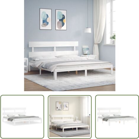 The Living Store Massivholzbett mit Kopfteil Weiß - Holzbett - Massives Kiefernholz - Doppelbett - Weißes Bett - Lattenrost