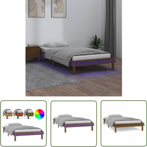 The Living Store Massivholzbett mit LED-Beleuchtung Honigbraun 90x200 cm - Holzbett - Kiefernholzbett - Bettrahmen - Doppelbett - LED-Bett