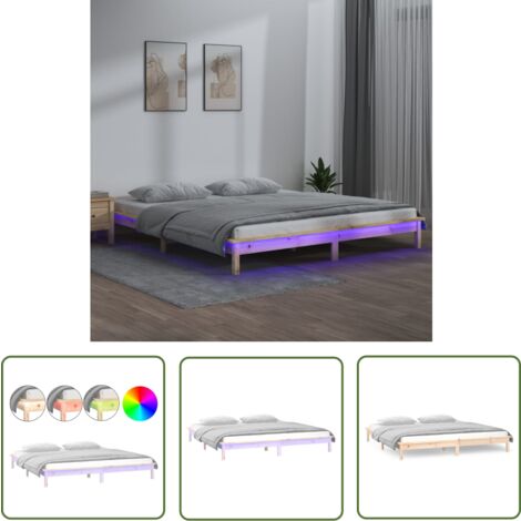 The Living Store Massivholzbett mit LEDs 135x190 cm - Holzbett - Kiefernholzbett - Doppelbett - Bettrahmen - LED-Bett