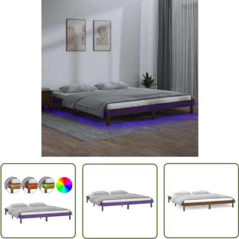 The Living Store Massivholzbett mit LEDs Honigbraun 120x190 cm - Holzbett - Massivholzbette - Kiefernbett - Doppelbett - Bettrahmen