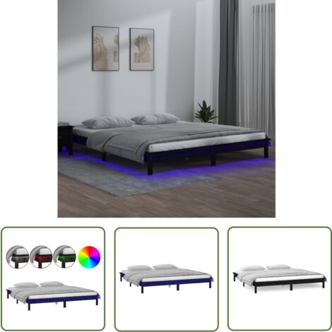 The Living Store Massivholzbett mit LEDs Schwarz 120x190 cm - Holzbett - Massivholzbette - Kiefernbett - Doppelbett - Schlafzimmermöbel