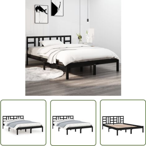 The Living Store Massivholzbett Schwarz 200x200 cm - Holzbett - Doppelbett - Massives Kiefernholz - Bettgestell - Kopfteil
