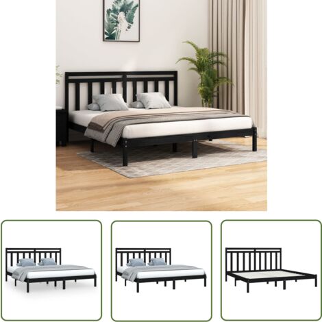 The Living Store Massivholzbett Schwarz 200x200 cm - Holzbett - Doppelbett - Massives Kiefernholz - Bettgestell - Kopfteil