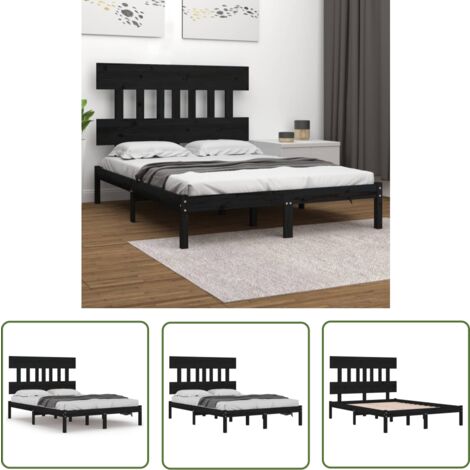 The Living Store Massivholzbett Schwarz 200x200 cm - Holzbett - Doppelbett - Massivholzbette - Kiefernbett - Schwarzes Bett