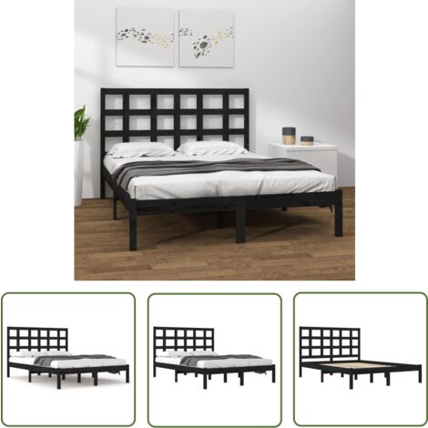 The Living Store Massivholzbett Schwarz 200x200 cm - Holzbetten - Doppelbett - Kiefernholzbette - Massives Holzbett - Schwarzes Bett