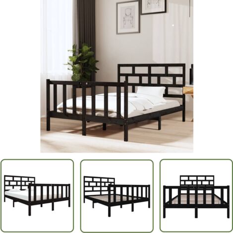 The Living Store Massivholzbett Schwarz Kiefer 135x190 cm - Holzbett - Doppelbett - Kiefernbett - Massiver Rahmen - Schwarzes Bett