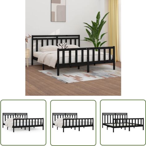 The Living Store Massivholzbett Schwarz Kiefer 200x200 cm - Holzbettwäsche - Massiver Kiefernbett - Doppelbett - Boxspringbett - Landhaus Stil