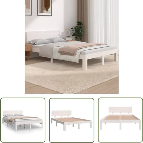 The Living Store Massivholzbett Weiß 120x190 cm - Holzbett - Massivholzbette - Kiefernbett - Weißes Bett - Doppelbett