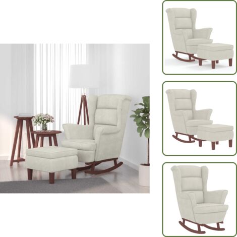 The Living Store Mecedora con respaldo alto de terciopelo crema y madera maciza - Mecedora con respaldo alto