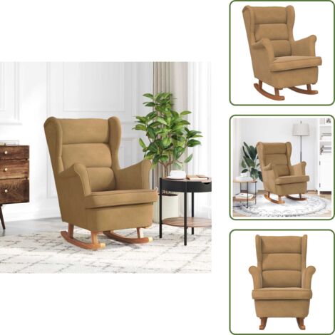 The Living Store Mecedora con respaldo alto de terciopelo marrón y madera maciza - Mecedora con respaldo alto