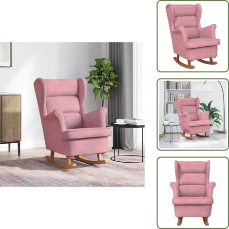 The Living Store Mecedora con respaldo alto de terciopelo rosa y madera maciza - Mecedora con respaldo alto