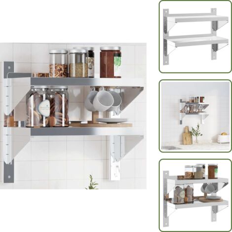 The Living Store Mensola a Muro 2 Ripiani 50x23,5x48cm Argento in Acciaio Inox - Scaffale a muro