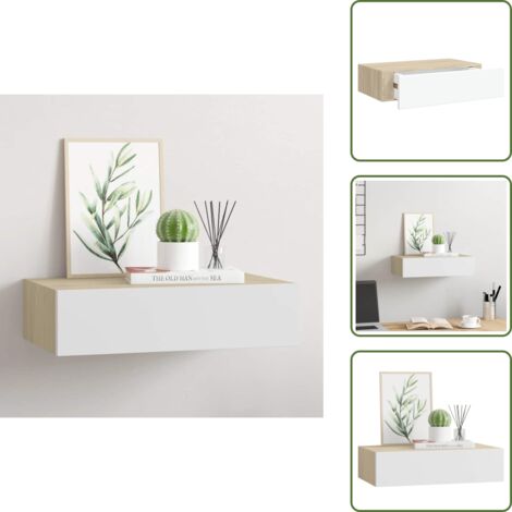 The Living Store Mensola a muro con cassetti in rovere e bianco 40x23,5x10 cm MDF - Scaffale con cassetto