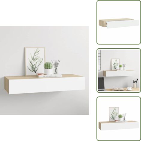 The Living Store Mensola a muro con cassetti in rovere e bianco 60x23,5x10 cm MDF - Scaffale con cassetto