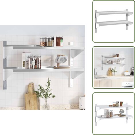 The Living Store Mensola Muro 2 Ripiani 100x30x60cm Argento Acciaio Inossidabile - Ripiano a parete