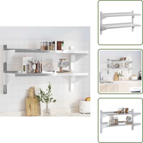 The Living Store Mensola Muro 2 Ripiani 100x40x60cm Argento Acciaio Inossidabile - Scaffale a parete