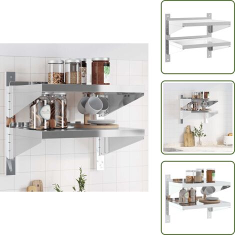 The Living Store Mensola Muro 2 Ripiani 50x40x48 cm Argento Acciaio Inossidabile - Scaffale a muro