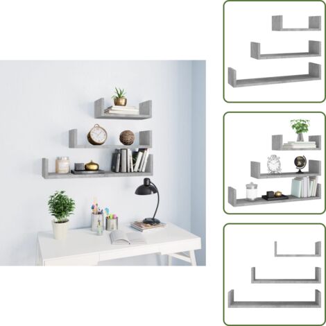 The Living Store Mensole a Muro 3 pz Grigio Cemento in Legno Multistrato - Scaffale a muro