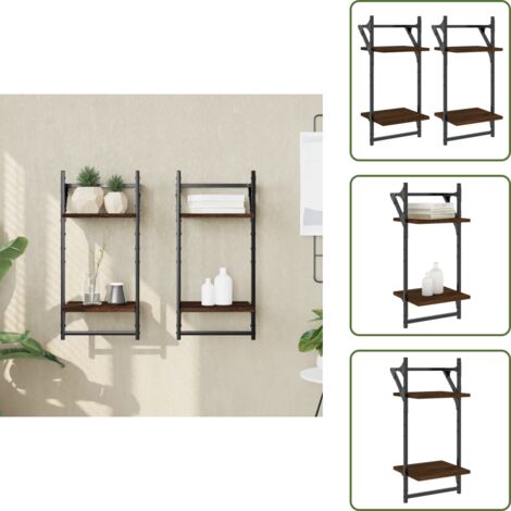 The Living Store Mensole a Muro con Aste 2 Livelli 2pz Rovere Marrone 30x25x65cm - Scaffale a parete