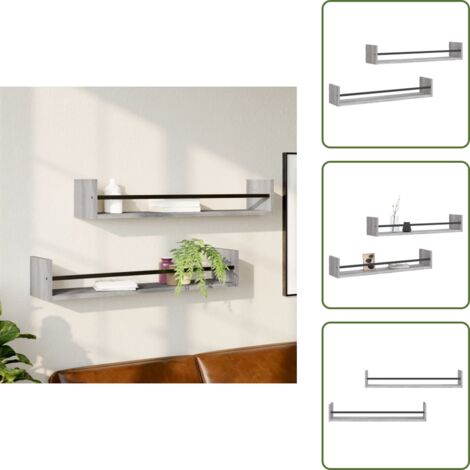 The Living Store Mensole a Parete con Aste 2pz Grigio Sonoma 80x16x14 cm - Mensole in legno